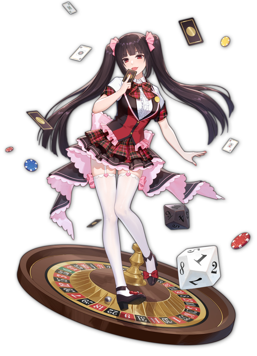 1girl, artist_request, black_footwear, bow, bowtie, brown_hair, card, dice