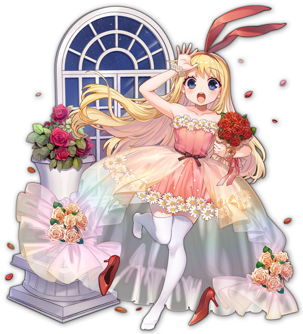 1girl, amae_koromo, artist_request, bare_shoulders, blonde_hair, blue_eyes, bouquet, bracelet