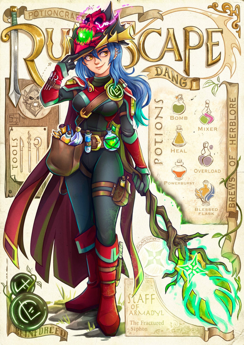1girl, aqua_hair, armor, armored_boots, arrow_(symbol), bag, belt, blue_hair, boot_knife, boots, branch, breasts, cape, character_name, commentary, copyright_name, dang_(runescape), duellist's_cap_(tier_6), ear_piercing, english_commentary, english_text, fantasy, fire, flask, fractured_staff_of_armadyl, furrowed_brow, glowing, glowing_eyes, glowing_mouth, glowing_weapon, gradient_hair, hand_on_headwear, hand_up, hat, highres, long_hair, looking_away, medium_breasts, multicolored_hair, orange_eyes, piercing, pink_fire, potion, rock, rocket_launcher, rpg, runes, runescape, satchel, shiny, shiny_clothes, shoulder_armor, shuravf, sideways_glance, signature, smile, solo, staff, standing, tools, weapon, weapon_name