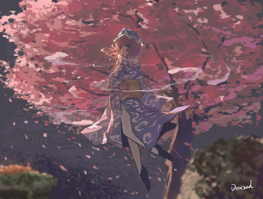 1girl, artist_name, bangs, black_footwear, blue_headwear, blue_kimono, blunt_bangs, cherry_blossoms