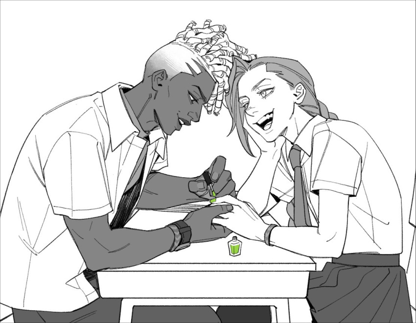 1boy, 1girl, :d, arcane:_league_of_legends, arcane_ekko, bangs, chair, collared_shirt