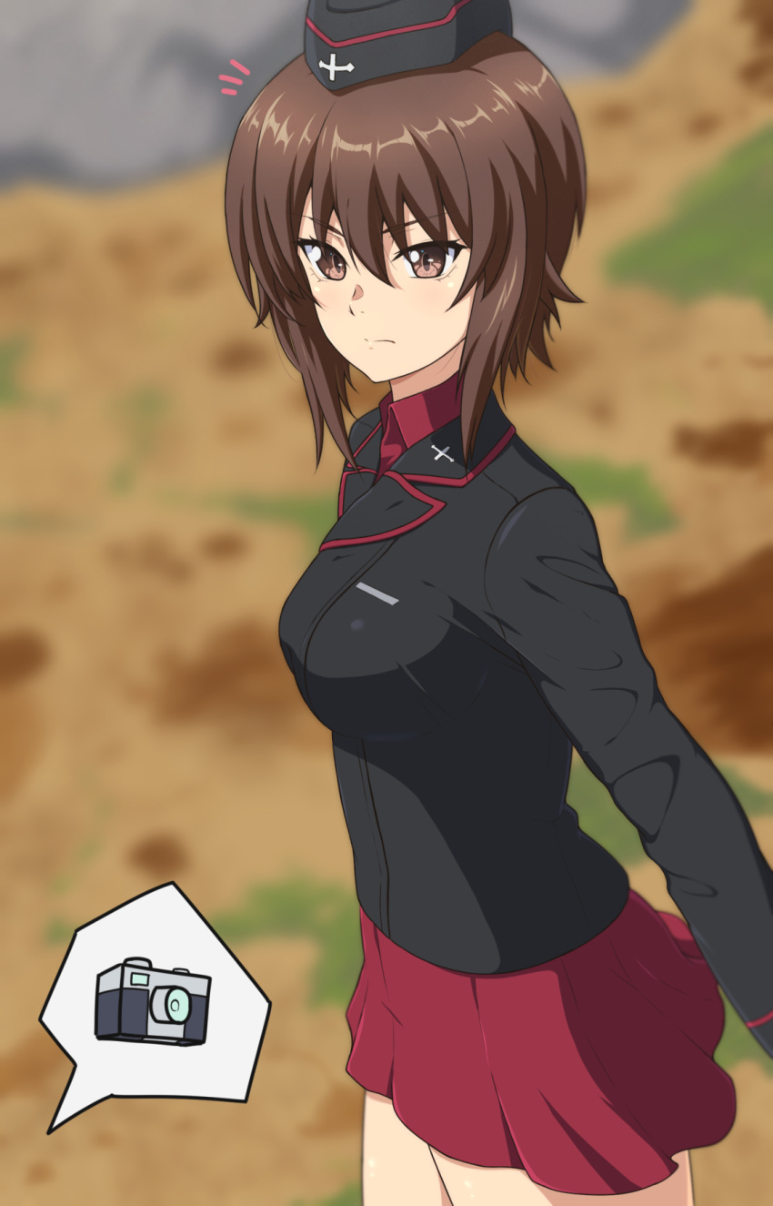 1girl, ada_badguy, blush, breasts, brown_eyes, brown_hair, closed_mouth, eyebrows_visible_through_hair