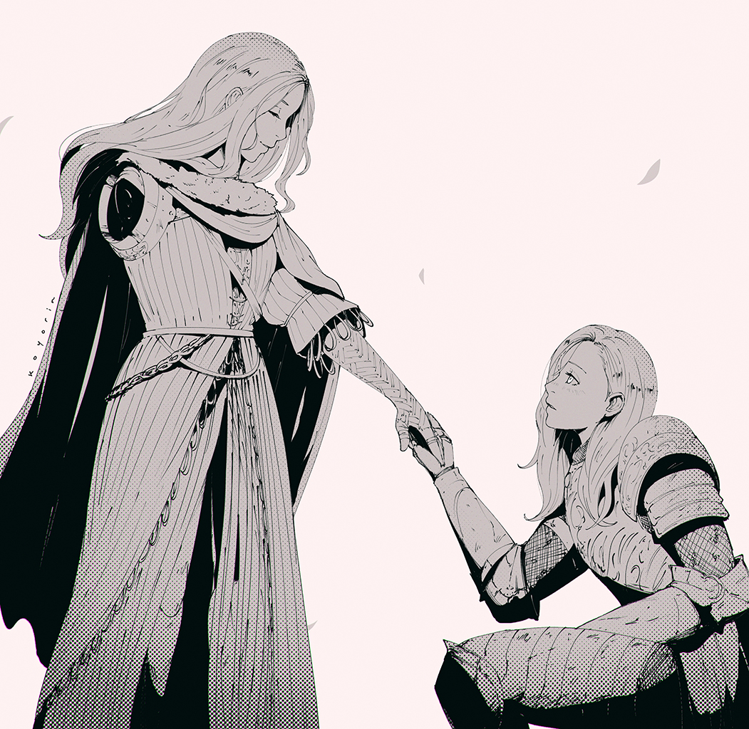 2girls, amputee, armor, breastplate, cape, cleanrot_knight_finlay, closed_eyes, dress