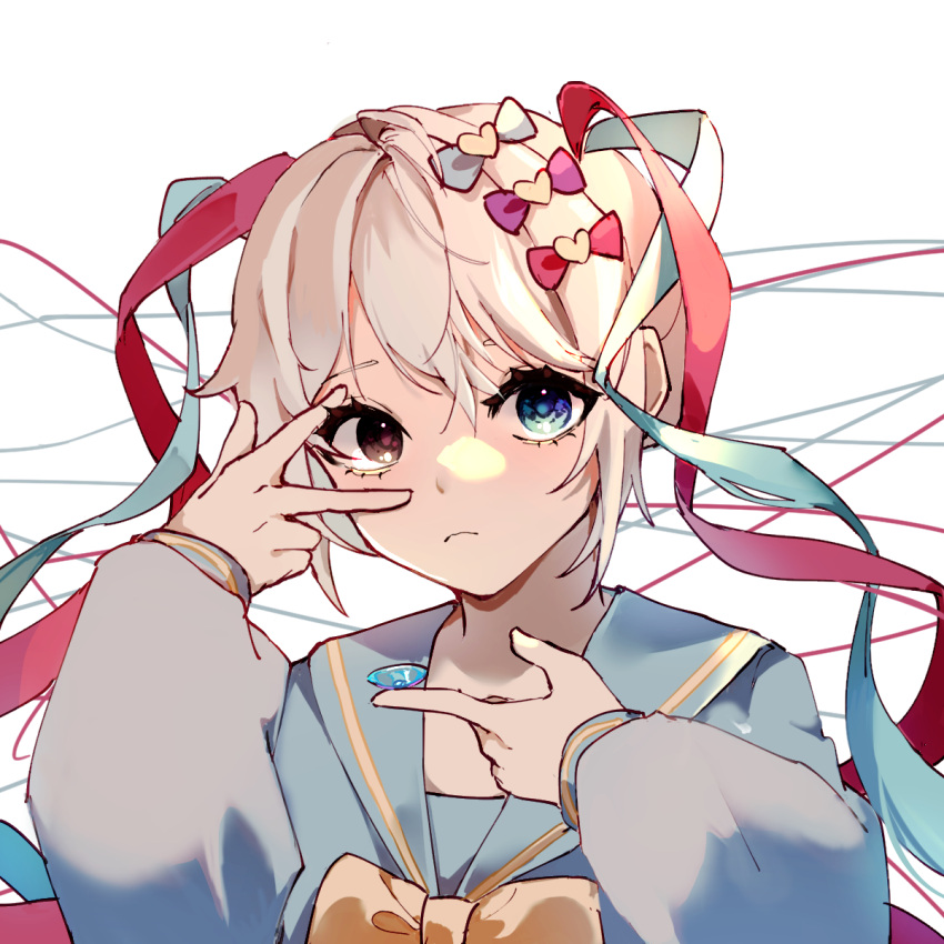 1girl, blue_eyes, bow, chouzetsusaikawa_tenshi-chan, contact_lens, cowlick, frown, hair_bow, highres, holographic_clothing, iridescent, large_bow, long_sleeves, looking_at_viewer, losebell, multiple_hair_bows, needy_girl_overdose, platinum_blonde_hair, putting_in_contact_lens, quad_tails, red_eyes, simple_background, solo, yellow_bow
