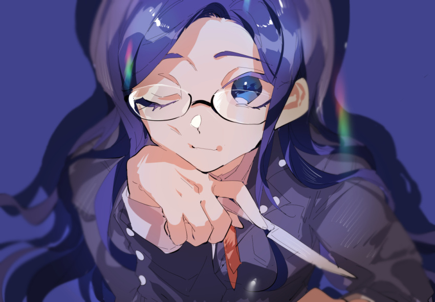 1girl, bangs, blue_background, blue_hair, breasts, danganronpa_(series), danganronpa_v3:_killing_harmony, glasses