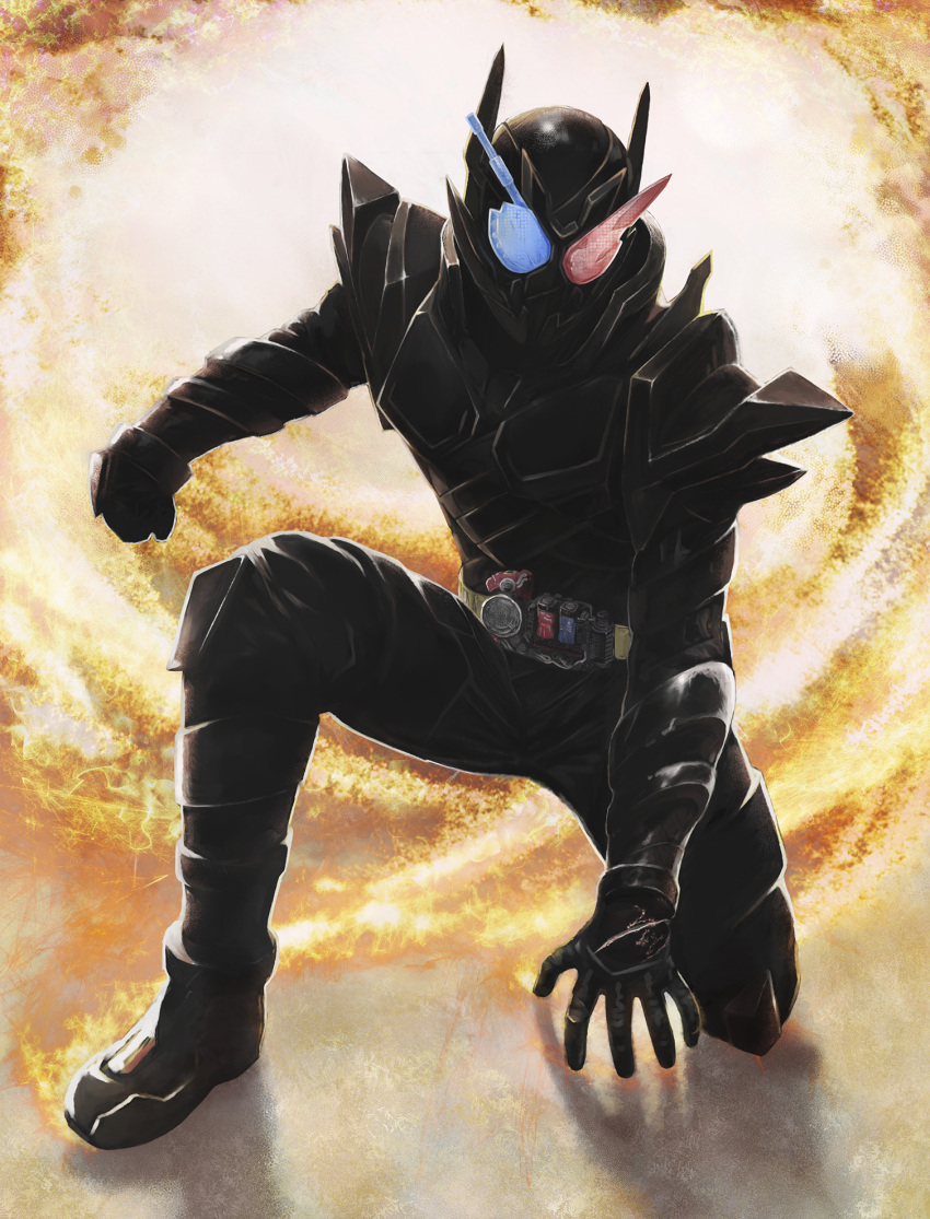 1boy, armor, black_armor, blue_eyes, build_driver, compound_eyes, driver, explosion, feet_out_of_frame, hazard_stripes, hazard_trigger, heterochromia, highres, kamen_rider, kamen_rider_build, kamen_rider_build_(series), landing, looking_at_viewer, male_focus, one_knee, rabbit+tank_form_(black_hazard), rabbit_fullbottle, red_eyes, science_fiction, shoulder_armor, solo, tank_fullbottle, toy_(toylord)