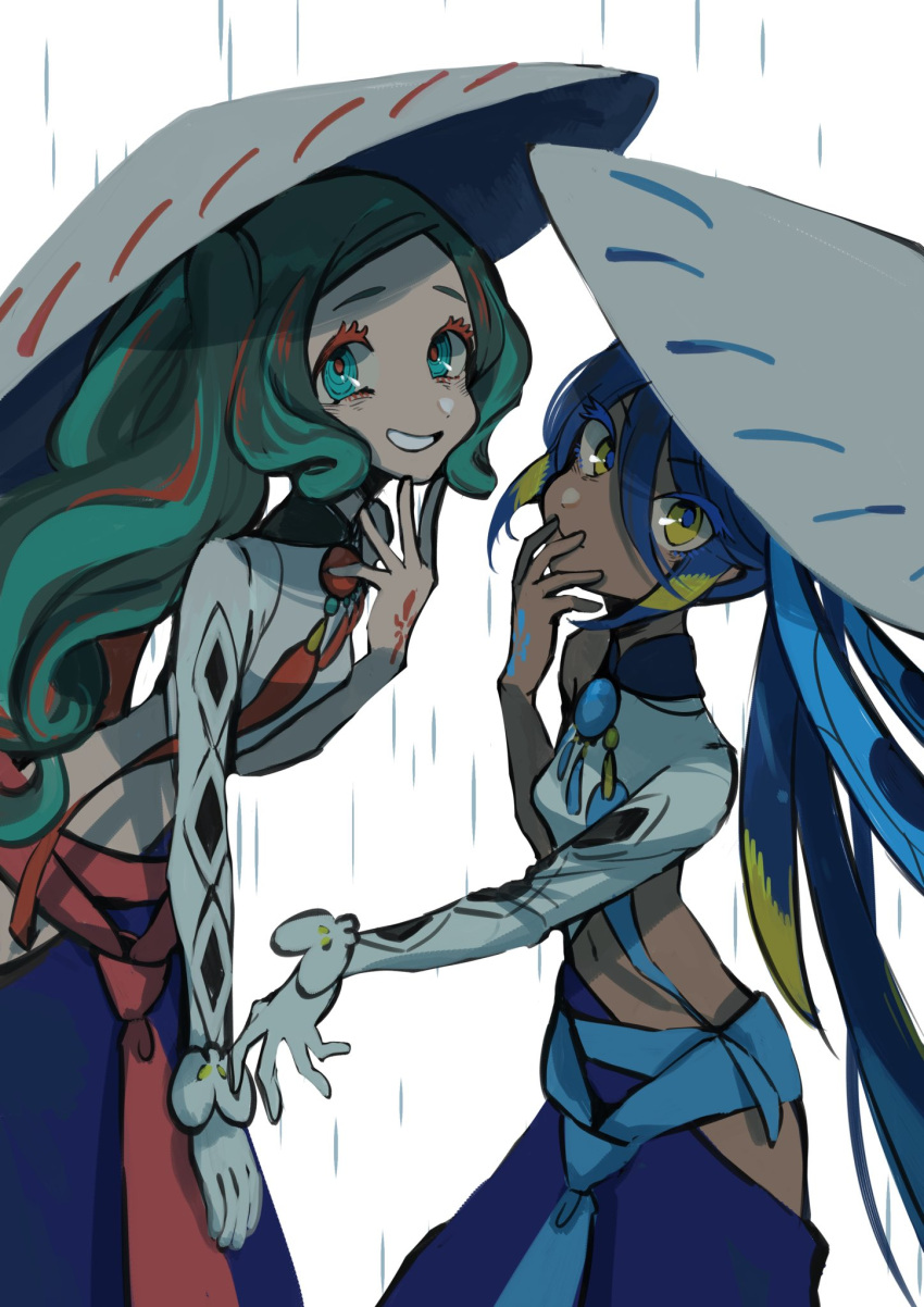 2girls, black_hair, black_skin, blue_hair, colored_skin, crop_top, dark-skinned_female, dark_skin