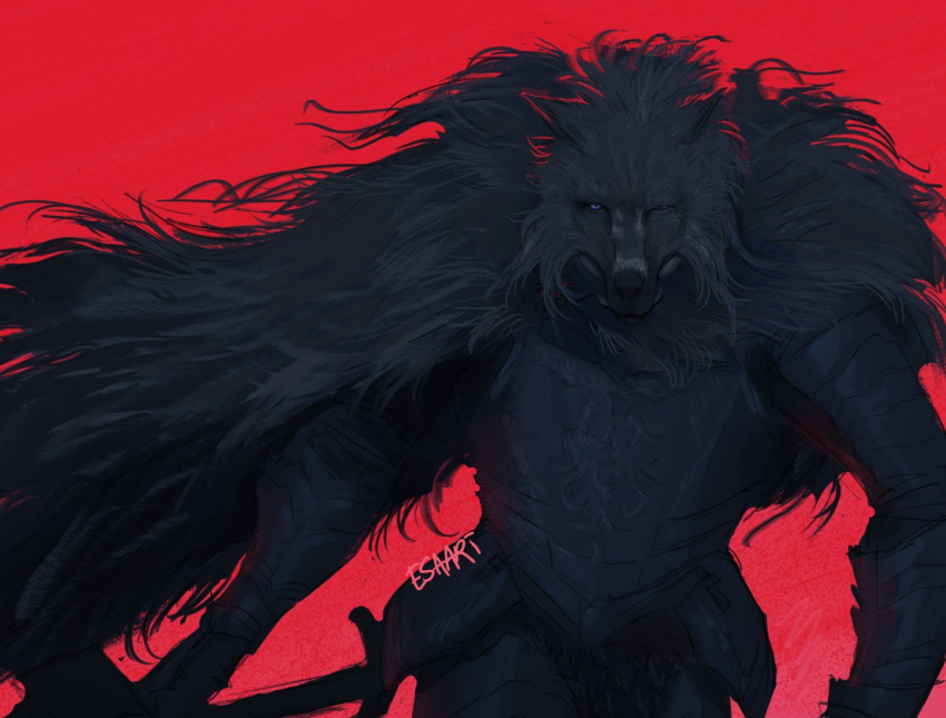 1boy, animal_head, armor, blaidd_the_half-wolf, breastplate, cloak, elden_ring, esaart