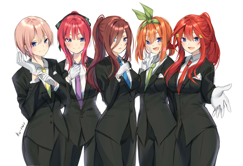 5girls, :d, absurdres, adjusting_clothes, adjusting_gloves, adjusting_necktie, black_jacket, black_pants, blue_eyes, blue_necktie, blush, bow, bow_hairband, brown_hair, closed_mouth, collared_shirt, cowboy_shot, formal, gloves, go-toubun_no_hanayome, green_bow, green_hairband, green_necktie, hair_bow, hair_ornament, hairband, highres, jacket, ku-ini, long_hair, long_sleeves, multiple_girls, nakano_ichika, nakano_itsuki, nakano_miku, nakano_nino, nakano_yotsuba, necktie, open_mouth, orange_hair, pant_suit, pants, pink_hair, ponytail, purple_necktie, red_necktie, redhead, shiny, shiny_hair, shirt, short_hair, siblings, simple_background, sisters, sketch, smile, standing, star_(symbol), star_hair_ornament, suit, very_long_hair, w, white_background, white_gloves, white_shirt, wing_collar, yellow_necktie