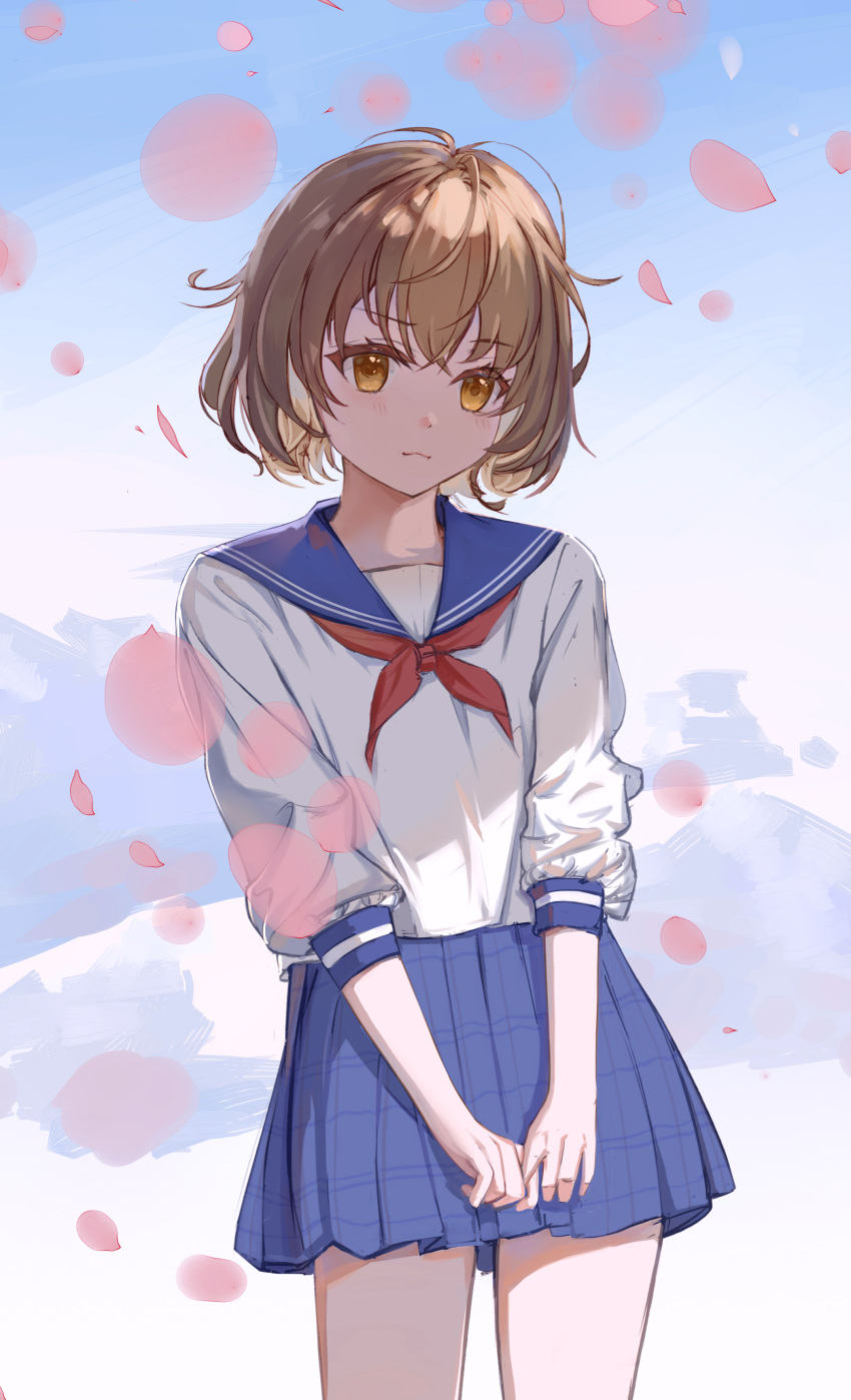 1girl, absurdres, bangs, blue_sailor_collar, blue_skirt, brown_eyes, brown_hair, cherry_blossoms
