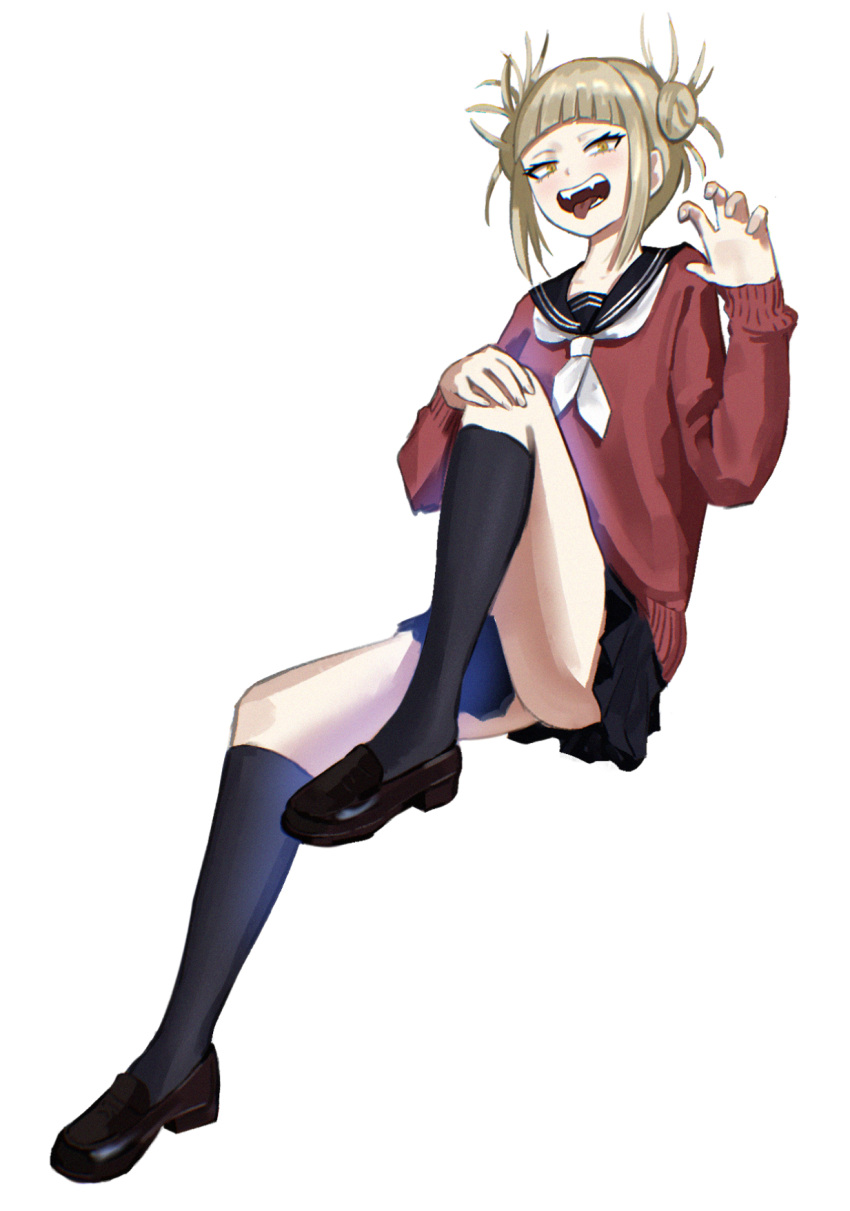 1girl, andoplus, bangs, black_footwear, black_legwear, black_sailor_collar, black_skirt, blonde_hair