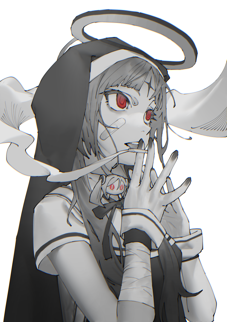 1girl, aimaina, bandaged_arm, bandages, bandaid, bandaid_on_cheek, bandaid_on_face, bangs
