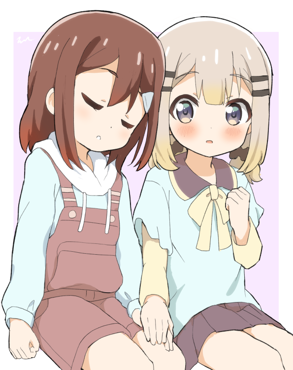2girls, aayh, bangs, blue_hoodie, blue_shirt, blush, bow, brown_hair