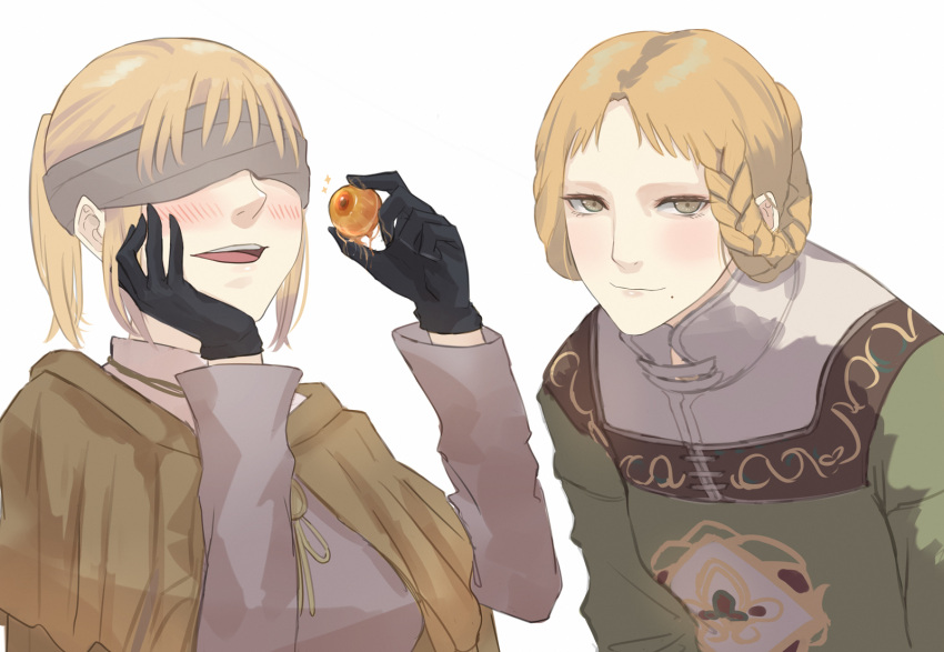 2girls, :d, asakiri_koko, black_gloves, blindfold, blonde_hair, blush, braid
