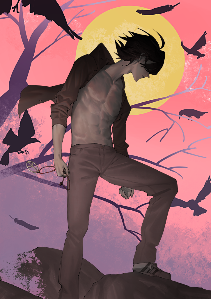 1boy, abs, animal, araragi_koyomi, arms_at_sides, bare_tree, bird, black_hair