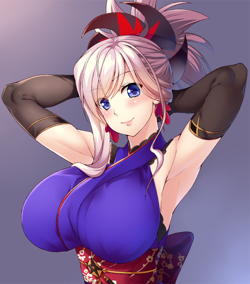 1girl, 846-gou, armpits, arms_behind_head, bangs, blue_eyes, blue_kimono, blush