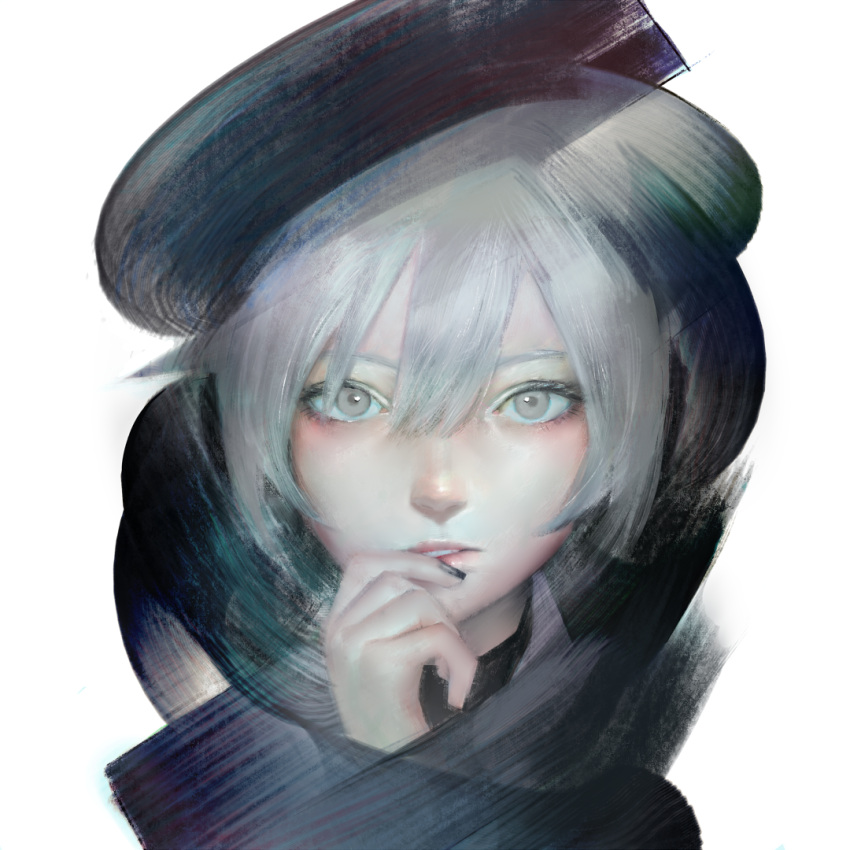 1girl, bangs, black_nails, eyelashes, grey_eyes, grey_hair, grey_theme, hand_to_own_mouth, hand_up, lip_pull, lips, looking_at_viewer, mi8pq, parted_lips, sekka_yufu, simple_background, solo, straight-on, utau, white_background