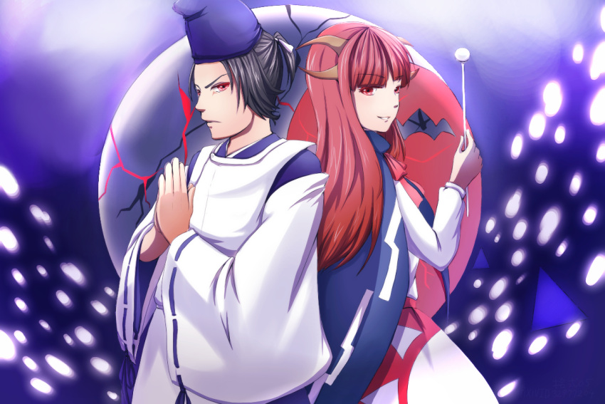 1boy, 1girl, bangs, black_hair, blue_cape, blue_cloak, blue_headwear, blunt_bangs