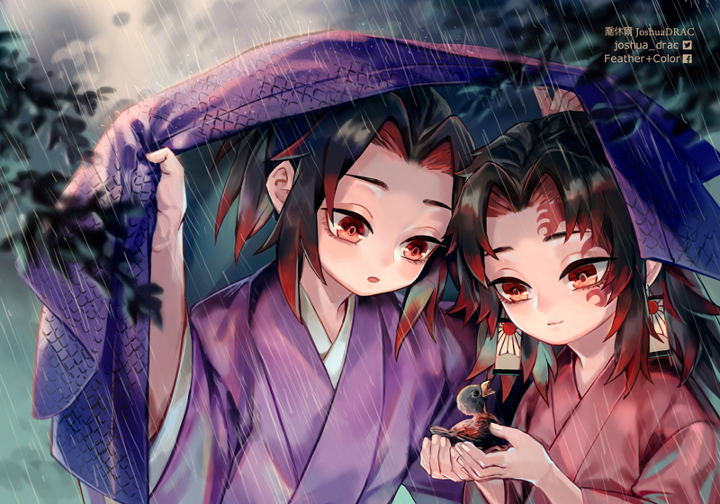 2boys, animal, artist_name, bangs, bird, black_hair, blurry, brothers, chick, child, coat, coat_removed, colored_tips, depth_of_field, earrings, facial_mark, hands_up, haori, improvised_umbrella, in_palms, japanese_clothes, jewelry, joshua_drac, kimetsu_no_yaiba, kimono, long_hair, long_sleeves, looking_at_animal, male_focus, multicolored_hair, multiple_boys, nature, parted_bangs, plant, ponytail, purple_kimono, rain, red_eyes, red_kimono, redhead, siblings, smile, streaked_hair, tsugikuni_michikatsu, tsugikuni_yoriichi, twins, upper_body, younger