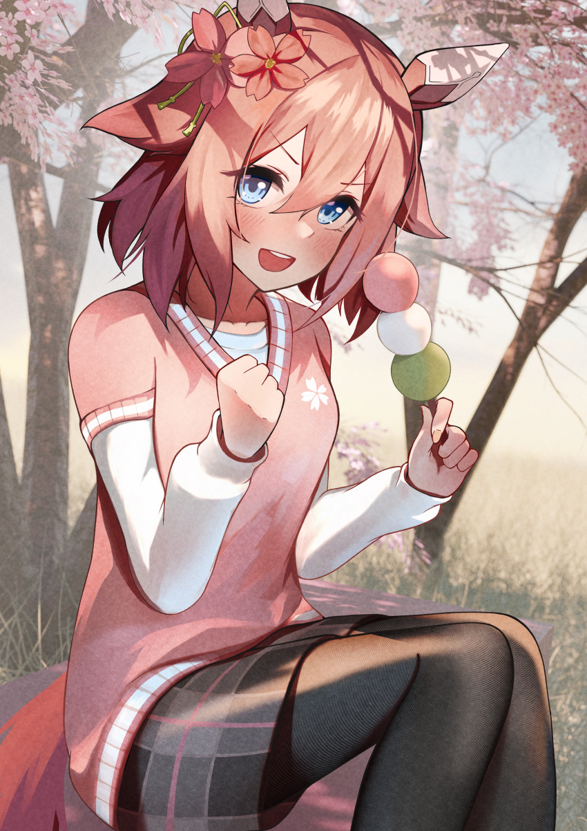 1girl, absurdres, animal_ears, blush, casual, commentary_request, dango, flower