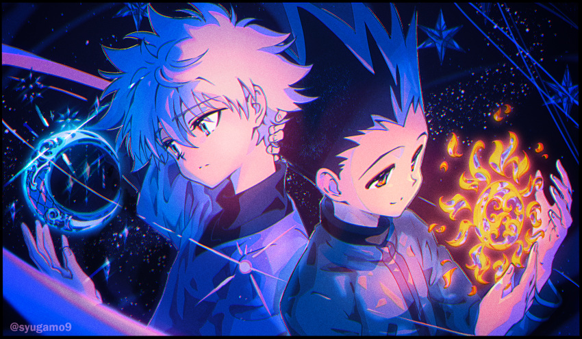 2boys, black_hair, blue_eyes, gon_freecss, hands_up, highres, holding, hunter_x_hunter