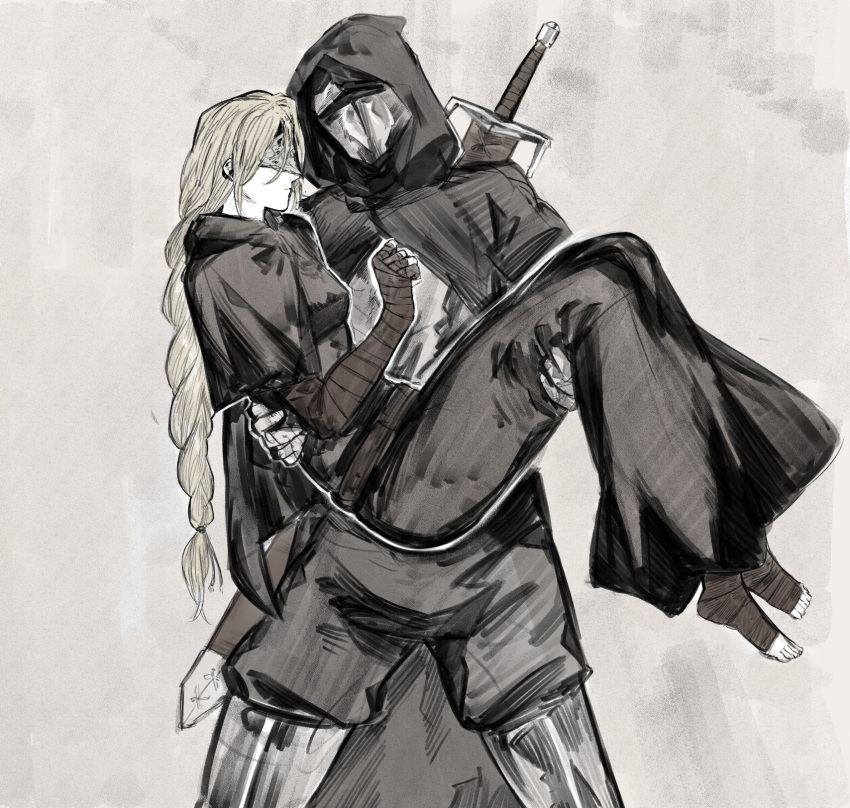 1boy, 1girl, armor, ashen_one_(dark_souls_3), bandages, blindfold, blonde_hair, cape