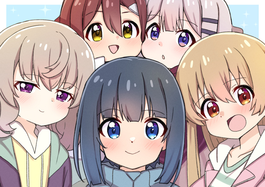5girls, :d, absurdres, ao_(flowerclasse), bangs, black_hair, blue_background, blue_eyes, blue_jacket, blush, brown_hair, closed_mouth, commentary_request, drawstring, eyebrows_visible_through_hair, fukumoto_futaba, grey_hair, hair_between_eyes, hair_ornament, hairclip, highres, hood, hood_down, hoodie, jacket, long_hair, minagi_hiyori, minagi_koharu, multiple_girls, ninomiya_aiko, open_clothes, open_jacket, parted_lips, pink_jacket, purple_jacket, red_eyes, shirt, slow_loop, smile, sparkle, striped, striped_shirt, violet_eyes, yellow_eyes, yellow_hoodie, yoshinaga_koi