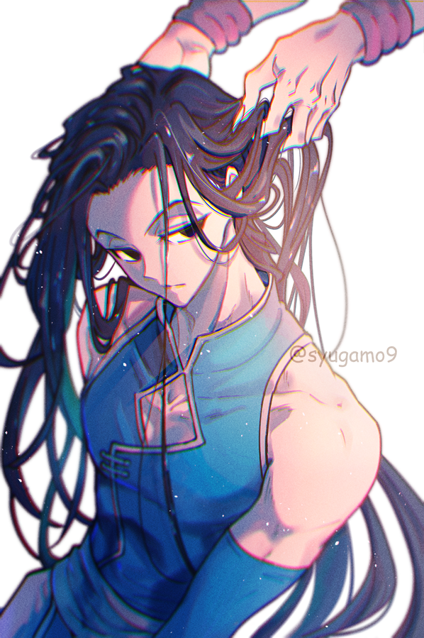 black_eyes, black_hair, chinese_clothes, detached_sleeves, hisoka_morow, hunter_x_hunter, illumi_zoldyck, kuo_tasuku