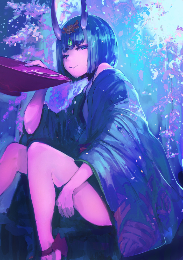 1girl, :p, bangs, bare_shoulders, black_hair, cup, eyebrows_visible_through_hair, eyeliner, fate/grand_order, fate_(series), hikimayu, horns, japanese_clothes, kimono, looking_at_viewer, makeup, oni, oni_horns, re_(tori), sakazuki, short_hair, shuten_douji_(onmyoji), sitting, smile, solo, tongue, tongue_out