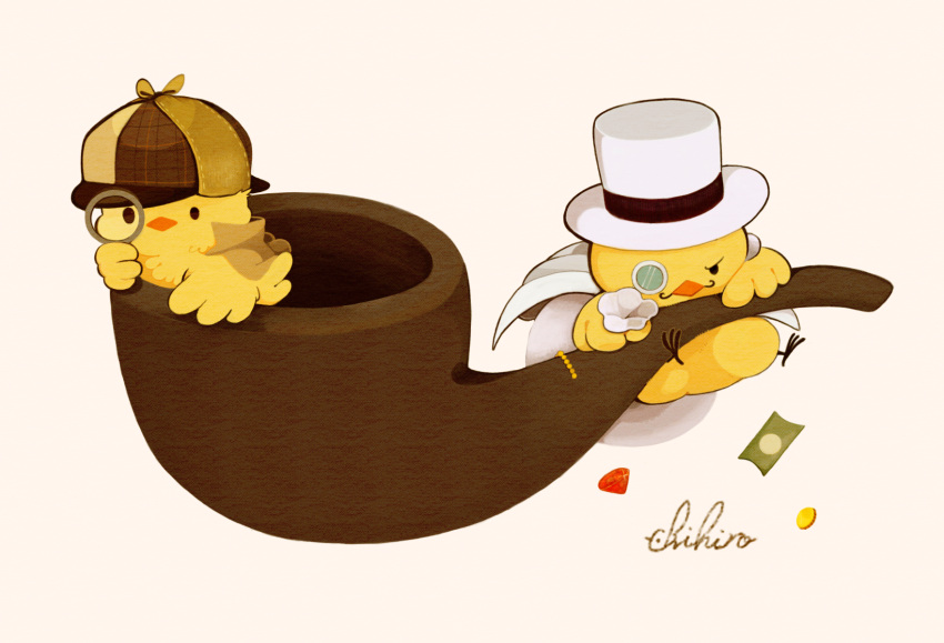 bag, bird, black_eyes, buku_(bunnbuk), chick, coin, detective_hat, gem