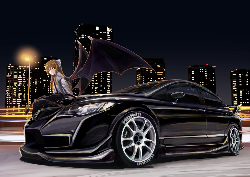 1girl, 3books, absurdres, bat_wings, brown_eyes, brown_hair, building, car