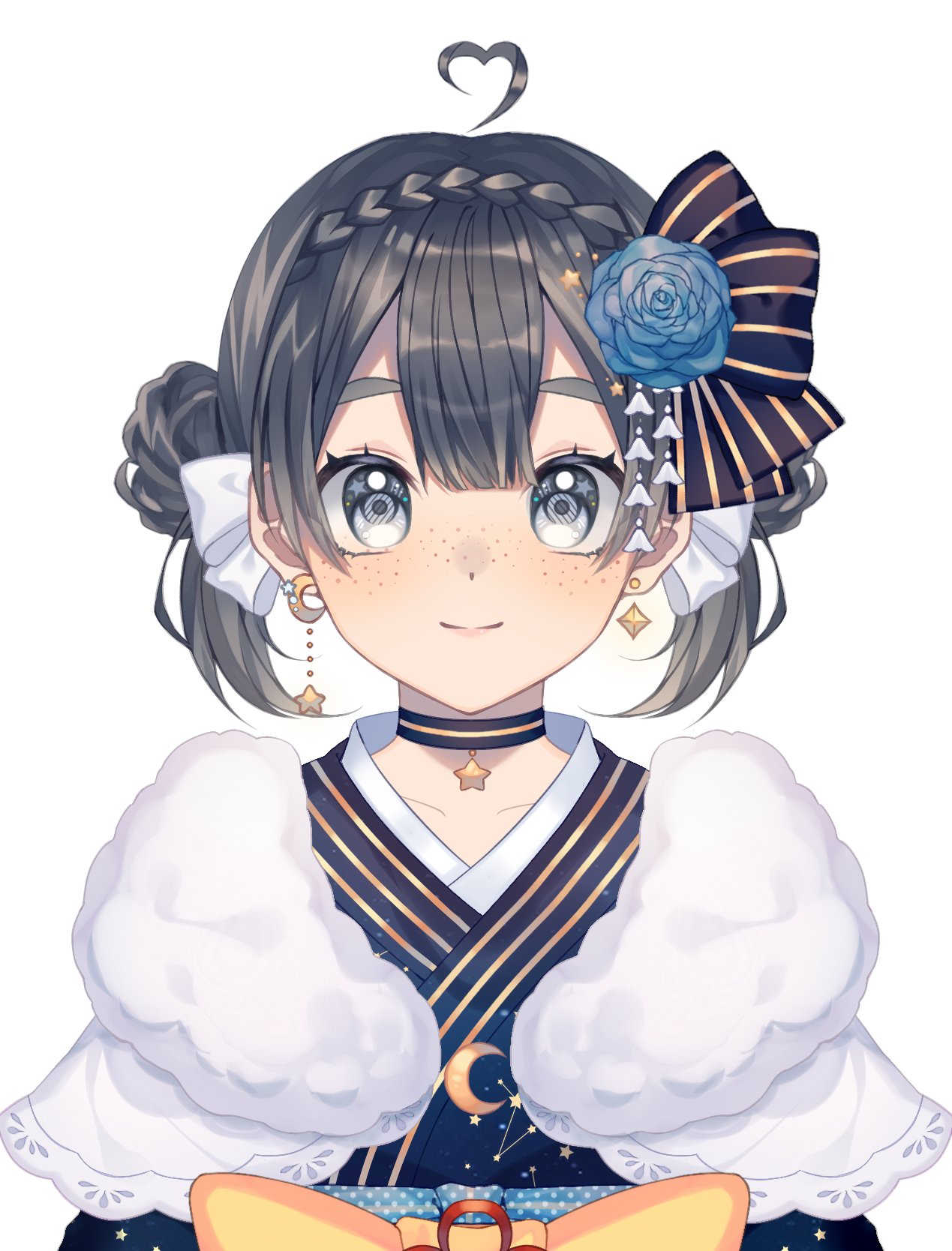 1girl, bangs, black_bow, black_choker, black_eyes, black_hair, black_kimono, blue_flower
