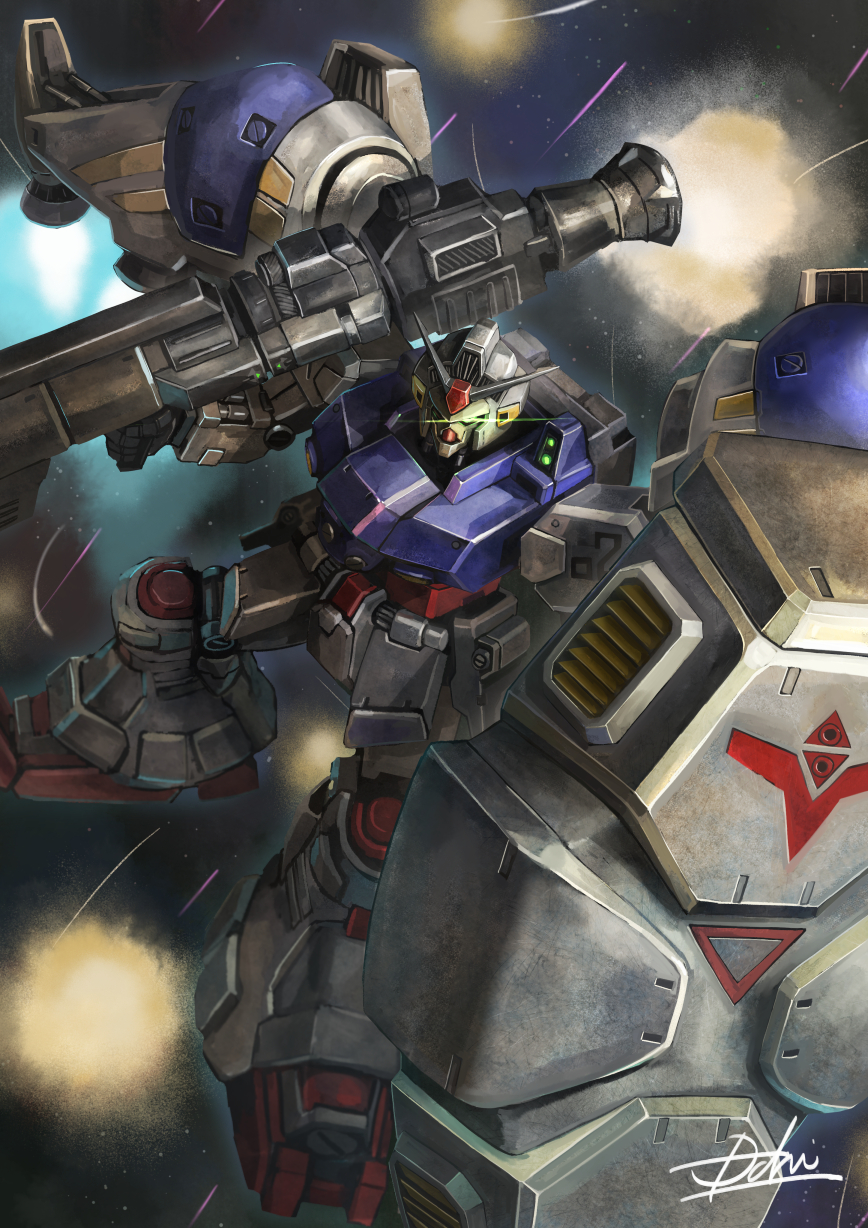 explosion, glowing, glowing_eye, green_eyes, gun, gundam, gundam_0083, gundam_gp-02_physalis, highres, holding, holding_gun, holding_shield, holding_weapon, hukutuuprunes, mecha, mobile_suit, no_humans, shield, signature, solo, space, v-fin, weapon