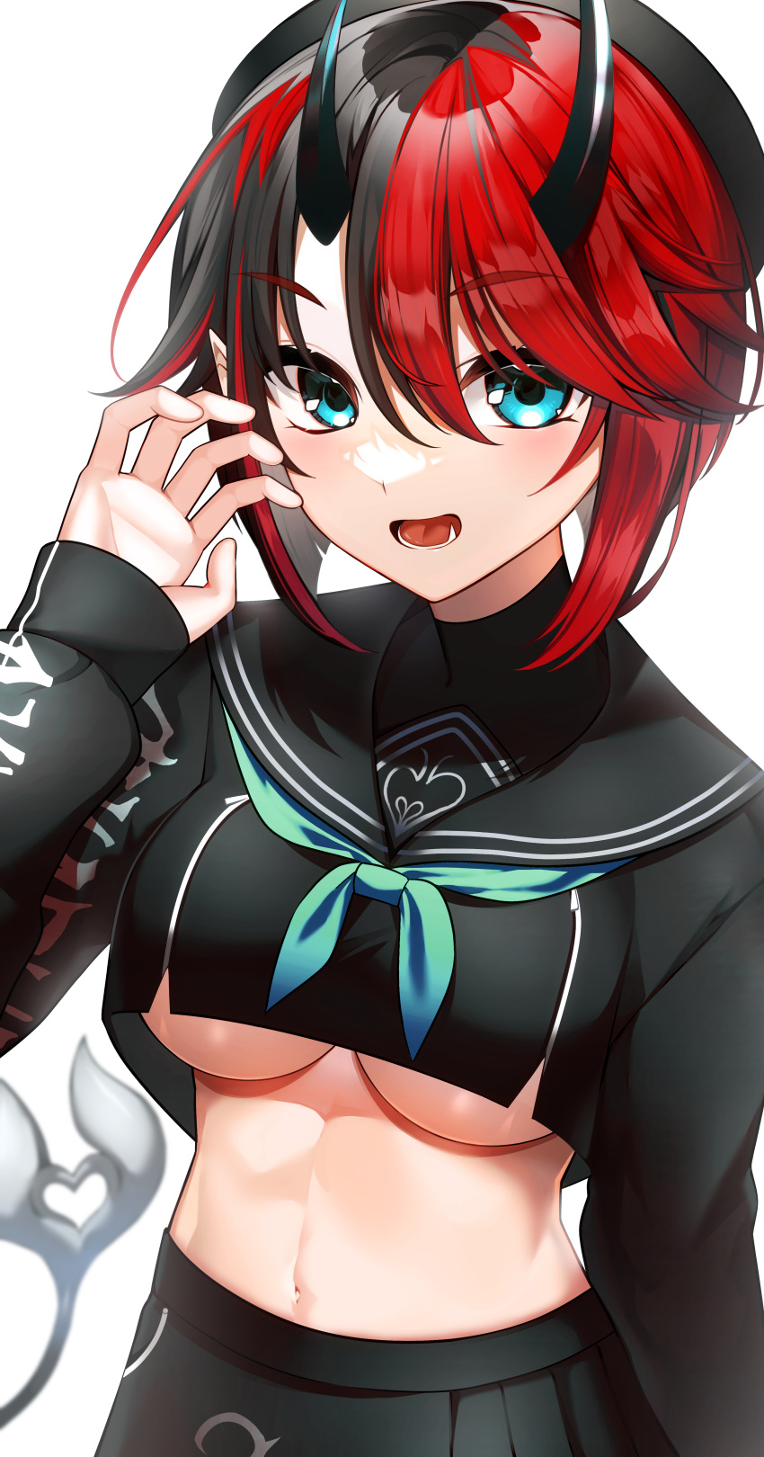 1girl, absurdres, black_serafuku, blue_eyes, breasts, eyebrows_visible_through_hair, fangs, green_neckerchief