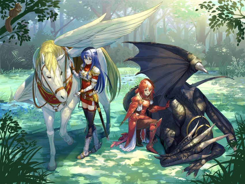 2girls, armor, black_legwear, blue_eyes, blue_hair, breastplate, caeda_(fire_emblem), commission