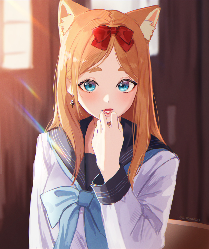 1girl, absurdres, akebi-chan_no_serafuku, akebi_komichi, akebi_komichi_(cosplay), animal_ears, bangs, blue_bow