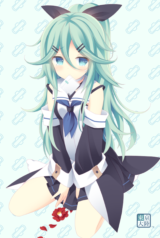 1girl, artist_logo, artist_name, black_skirt, black_sleeves, blouse, blue_neckerchief, blush