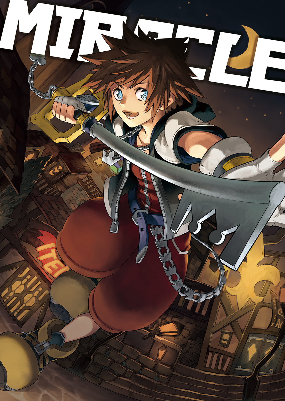 1boy, belt, black_hoodie, blue_belt, blue_eyes, brown_hair, cover, cover_page