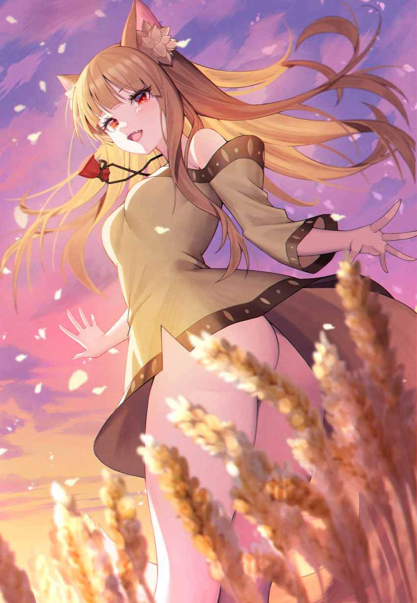 1girl, :d, absurdres, animal_ear_fluff, animal_ears, bangs, bare_shoulders, blurry