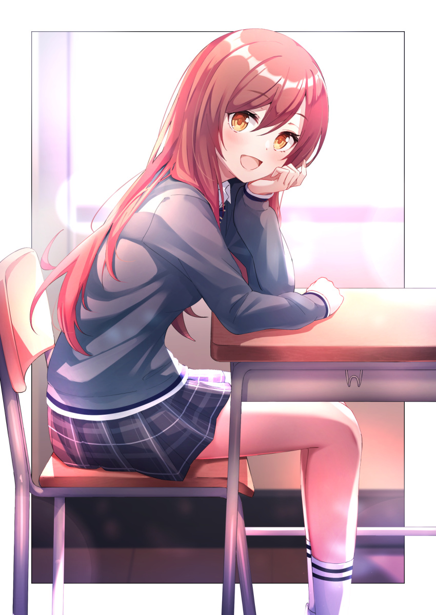 1girl, alisia0812, bangs, border, brown_hair, cardigan, chair, classroom, commentary_request, desk, eyebrows_visible_through_hair, grey_cardigan, grey_skirt, hair_between_eyes, hand_on_own_face, highres, idolmaster, idolmaster_shiny_colors, indoors, light, loaf, long_hair, long_sleeves, looking_at_viewer, miniskirt, oosaki_amana, open_mouth, outside_border, plaid, plaid_skirt, pleated_skirt, school_uniform, sitting, skirt, solo, white_border, white_footwear, white_legwear, yellow_eyes