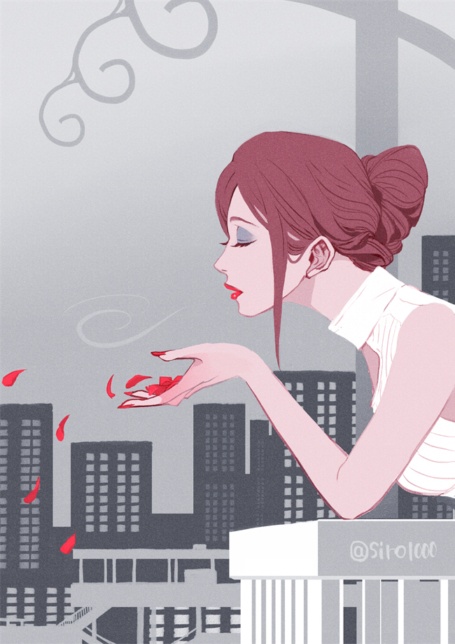 1girl, bare_shoulders, blowing, city, closed_eyes, closed_mouth, grey_background, hair_bun