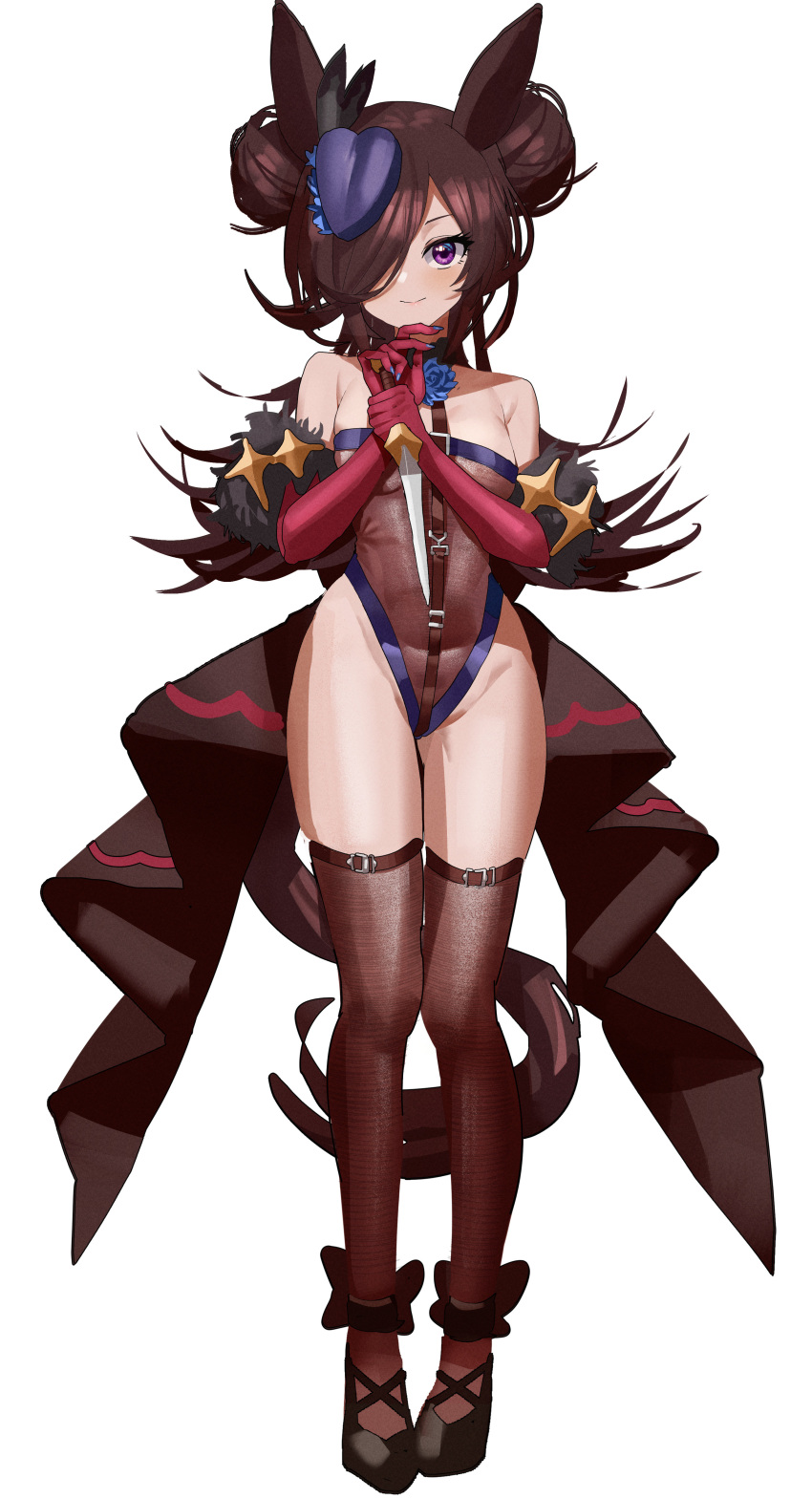 1girl, absurdres, animal_ears, bare_shoulders, blue_nails, breasts, brown_hair, brown_legwear