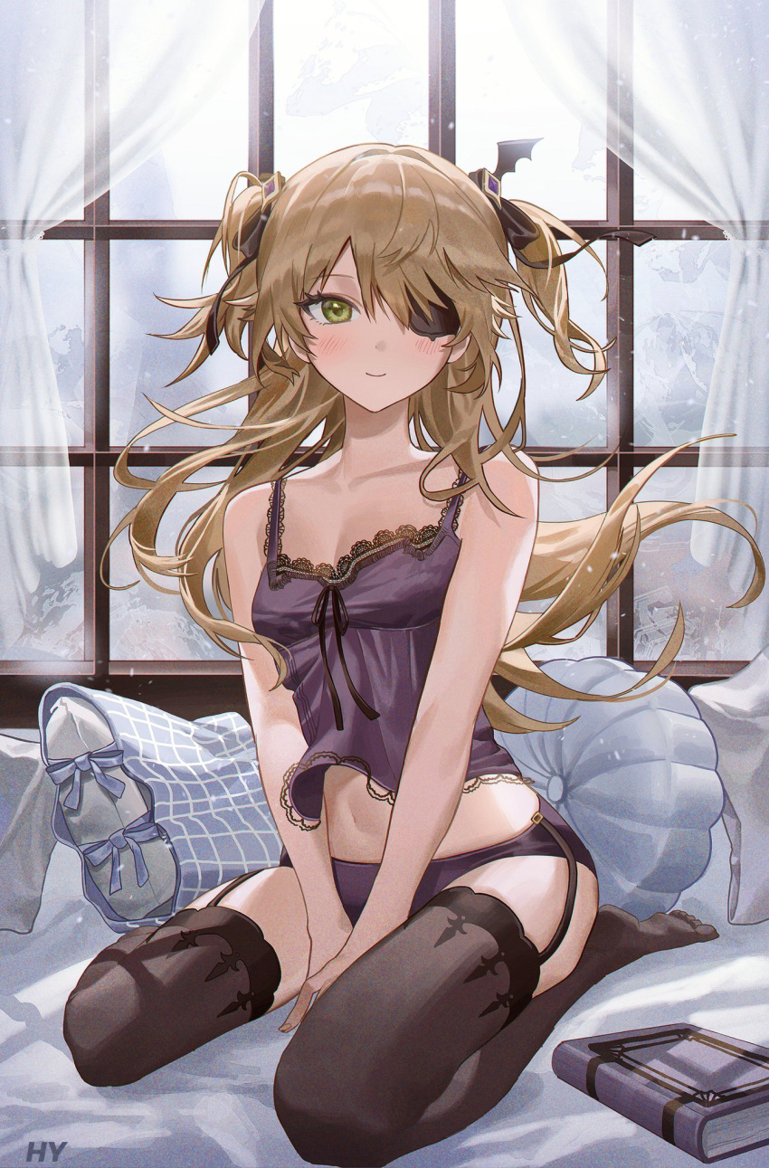 1girl, bat_wings, bed, blonde_hair, book, curtains, eyepatch, fischl_(genshin_impact)