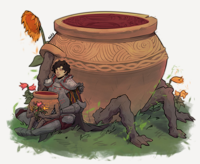 1boy, absurdres, armor, black_cape, black_hair, breastplate, cape, closed_eyes, closed_mouth, diallos_(elden_ring), elden_ring, facial_hair, flower, full_body, gauntlets, grass, greaves, highres, holding, holding_flower, iron_fist_alexander, jar, jar_bairn, knees_up, mustache, pauldrons, sgkg108, short_hair, shoulder_armor, simple_background, sitting, sunflower, white_background