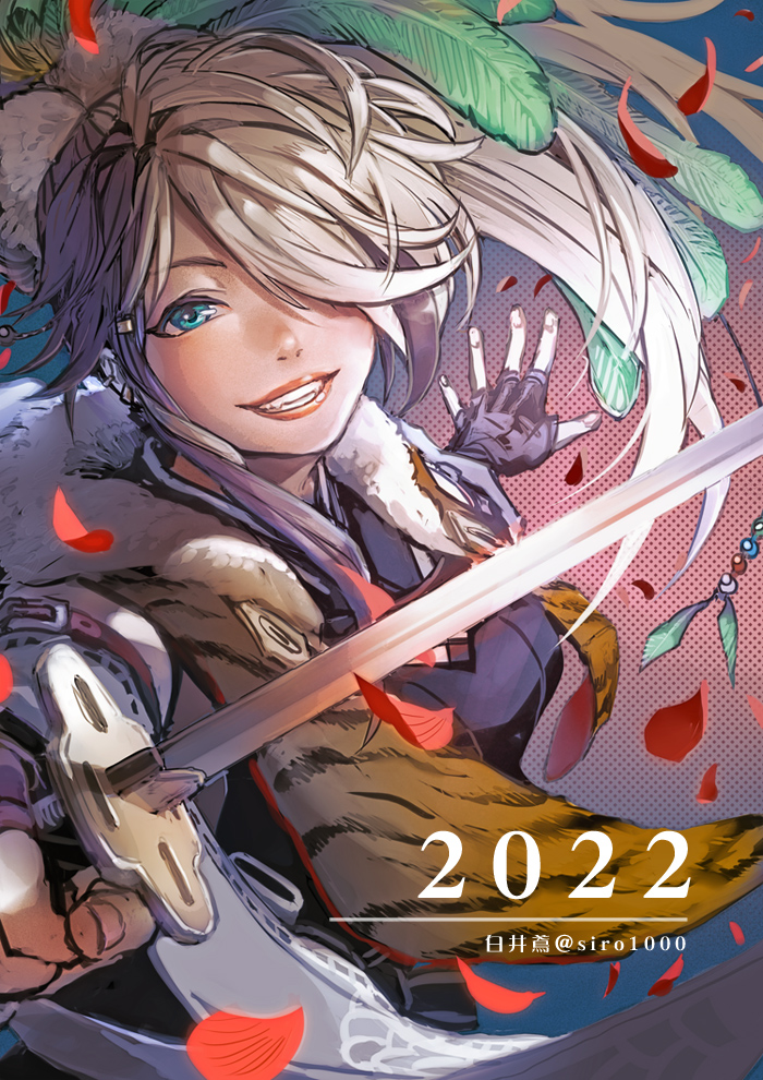 1girl, 2022, armor, bangs, fingerless_gloves, gloves, green_eyes, grin