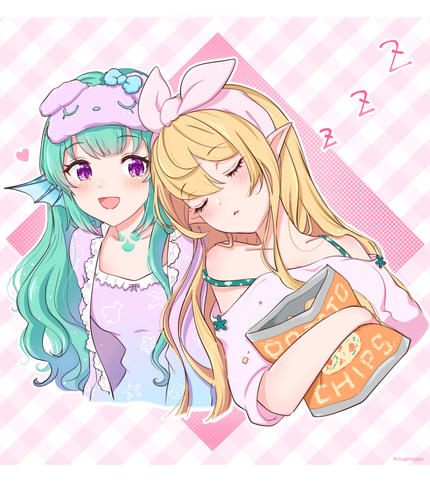 2girls, :d, bag_of_chips, bangs, bare_shoulders, blonde_hair, blunt_bangs, checkered_background