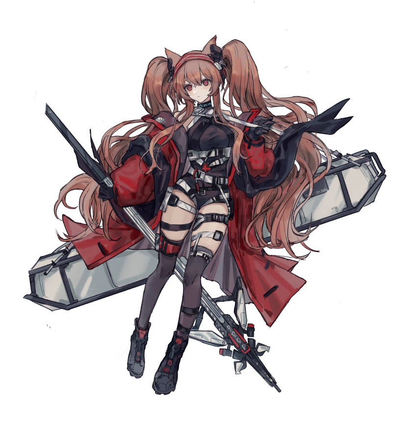 1girl, absurdres, angelina_(arknights), angelina_(distinguished_visitor)_(arknights), animal_ears, arknights, black_collar, black_footwear, black_gloves, black_legwear, black_leotard, breasts, brown_hair, carrying, case, collar, earpiece, fox_ears, gloves, hairband, hand_up, highres, holding, holding_staff, jacket, large_breasts, leotard, long_hair, multiple_straps, official_alternate_costume, open_clothes, open_jacket, red_eyes, red_hairband, red_jacket, shoes, shoulder_carry, simple_background, solo, staff, striped, striped_hairband, thigh-highs, thighs, twintails, very_long_hair, white_background, zranin