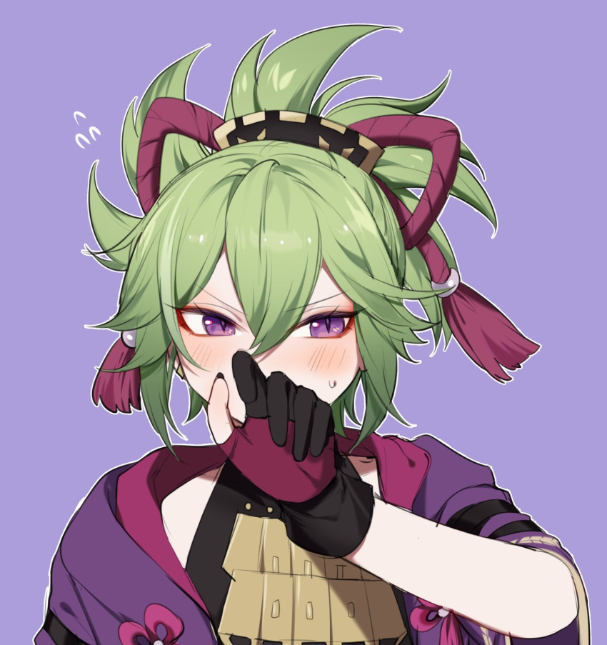1girl, bangs, blush, covering_mouth, face, fingerless_gloves, genshin_impact, gloves