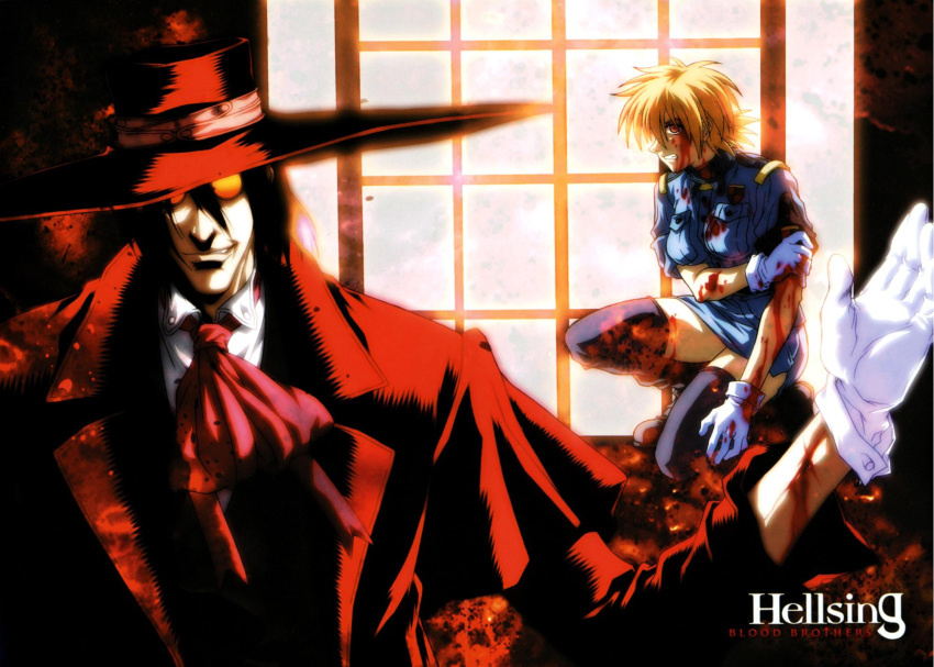 alucard_(hellsing), ascot, black_hair, blonde_hair, blood, boots, coat, cut