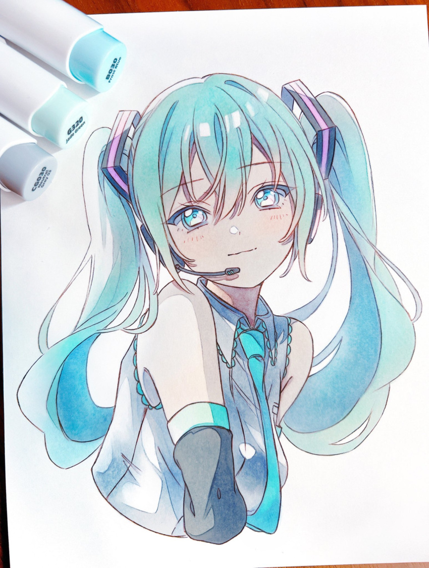 1girl, aqua_eyes, aqua_hair, aqua_necktie, bare_shoulders, black_sleeves, breasts, closed_mouth